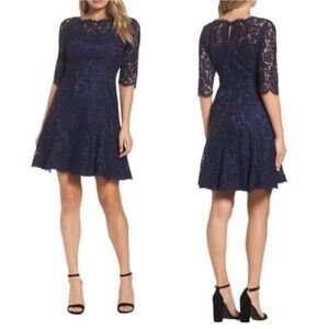 Eliza J Lace Tulip Dress Women's Size 12 Fit & Flare Navy Blue Cocktail Party